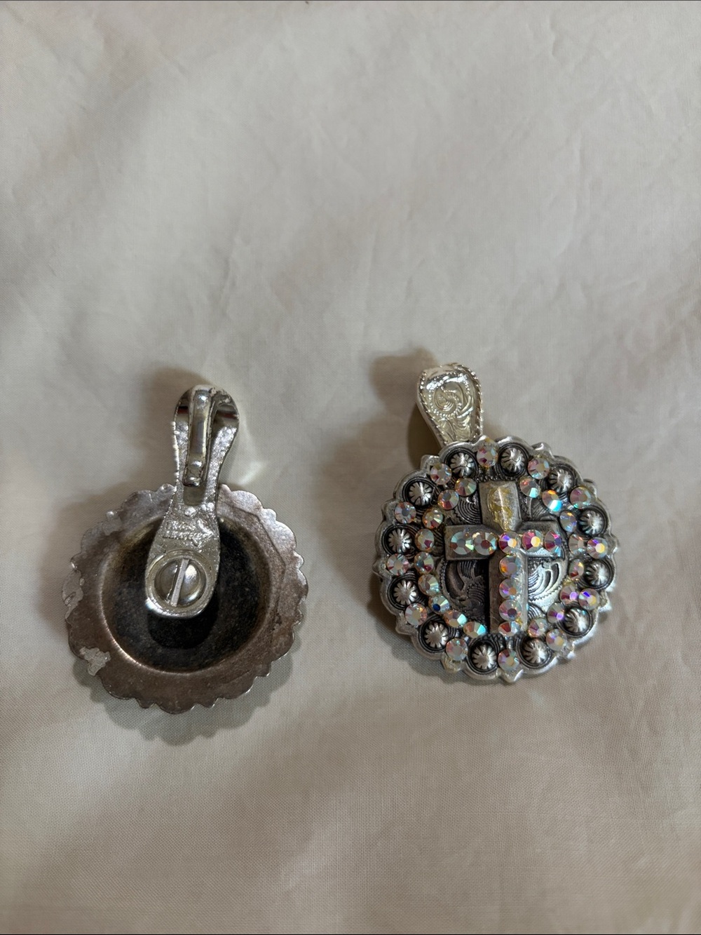 Rhinestone Cross Western Clip-On Earrings - Silver Sparkle